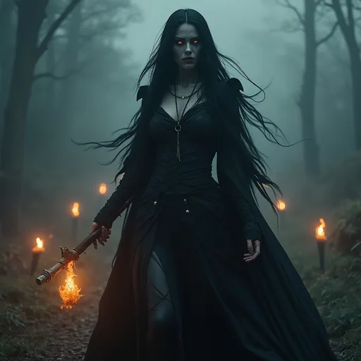 Prompt: (dark and foreboding goddess of death), (ominous atmosphere), intricate dark attire, flowing shadows, haunting presence, eerie glow, sharp features with a chilling expression, misty landscape background, flickering candlelight effects, enigmatic aura, depth, and detail, (highly detailed), (4K) resolution, cinematic lighting.