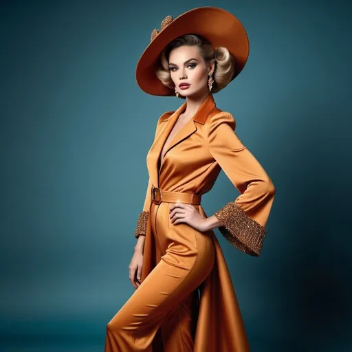 Prompt: Haute couture model in a retro 1970s outfit, retro hair style, elegant and sophisticated full body pose, luxurious fabric with rich textures, high-end fashion photography