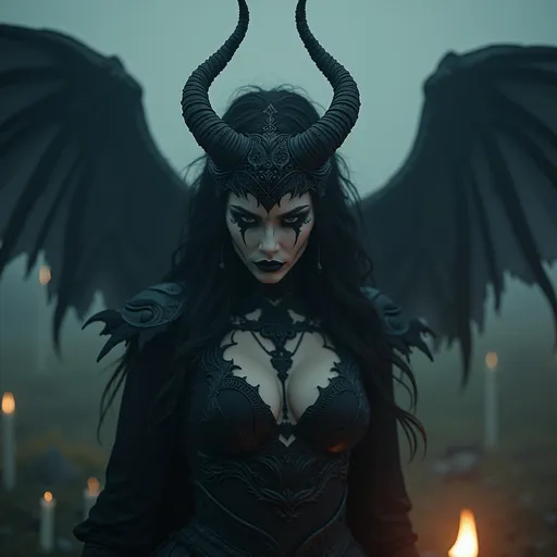 Prompt: (dark and foreboding goddess of death), (ominous atmosphere), intricate dark attire, flowing shadows, haunting presence, eerie glow, sharp features with a chilling expression, misty landscape background, flickering candlelight effects, enigmatic aura, depth, and detail, (highly detailed), (4K) resolution, cinematic lighting.