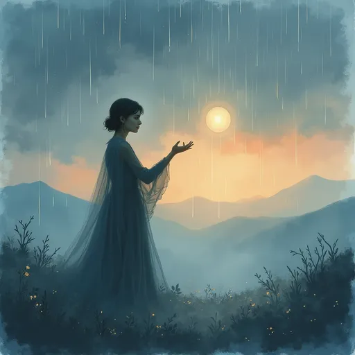Prompt: A wistful figure shrouded in soft, diffuse light stands beneath a vast, cloudy sky at dusk, their eyes shimmering with unspoken yearning. Tendrils of mist curl around their silhouette, blending seamlessly into the dusky horizon where distant mountains fade into an orange-pink glow. Gentle raindrops drift through the air, catching the fading sunlight and adding a shimmering, melancholic atmosphere. The person's outstretched hand reaches toward a faint, glowing orb hovering just beyond grasp, symbolizing elusive desire. Artistic style: dreamy watercolor illustration with ethereal lighting and a contemplative mood, capturing the delicate essence of longing and hope.