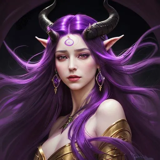 Prompt: Beautiful tiefling with elegant horns and long flowing hair, rich and vibrant purple skin, delicate and mesmerizing features, fantasy oil painting, detailed and lifelike, fantasy, elegant, regal, oil painting, vibrant colors, graceful horns, flowing hair, high quality, detailed, atmospheric lighting
