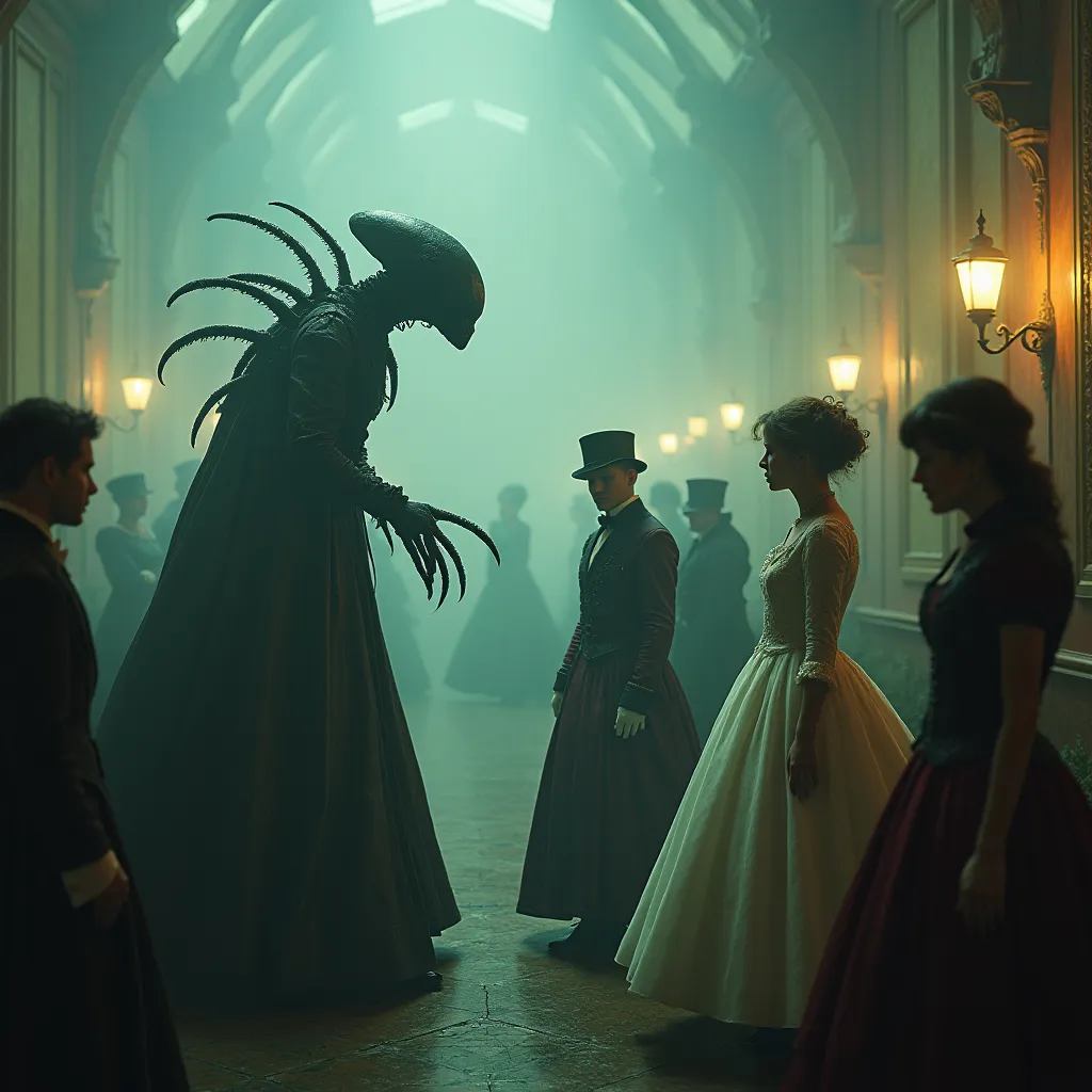 Prompt: (Victorian alien encounter), (steampunk aesthetics), intricate details, richly dressed characters in 19th-century attire, ethereal alien presence, glowing elements, foggy atmosphere, moody lighting, juxtaposition of old and futuristic, eerie yet fascinating environment, vintage color tones, lush details, high definition, captivating scene of mystery and intrigue.