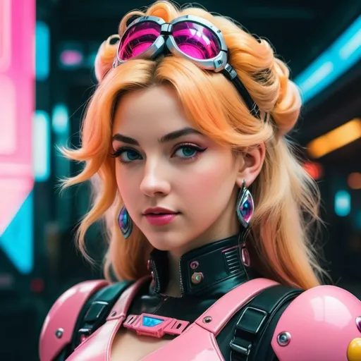 Prompt: photo close portrait of Princess Peach in cyberpunk style 