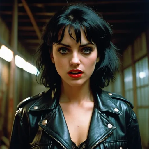 Prompt: by  Dario Argento & George Romero & Marilyn Minter & Nan Goldin :: 35mm 1980s photo of a 28-year-old American-German villainous psycho with spiky black hair, intense eyes. She stalks through a blood-soaked abandoned warehouse, dressed in ripped jeans and a leather jacket, her expression twisted with sadistic glee :: gritty and B-movie horror aesthetic