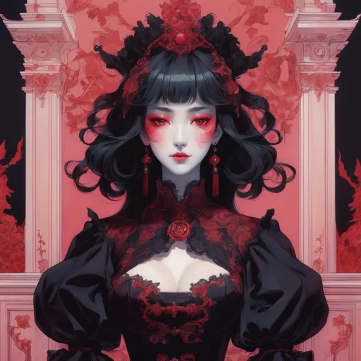 Prompt: the opening scene of anime's 'queen of the ghoul', in the style of digital painting and drawing, rococo-inspired, dark black and red, fang lijun, commission for, clamp, vernal color palettes
