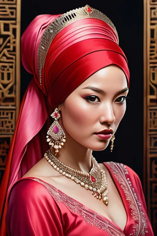 Prompt: In this ultra-detailed illustration, a pink-haired handmaiden with a ponytail stands out as the main subject. She is depicted wearing a not-flamboyant red belly dancer dress and a matching red hijab abbot head face covering. The handmaiden's vibrant jewelry complements her attire, adding a touch of elegance. The image, be it a painting or a photograph, showcases the handmaiden's delicate features with precision. The masterful execution and attention to detail result in a high-quality image that captures the handmaiden's gentle blush and exudes a sense of youthful grace.

