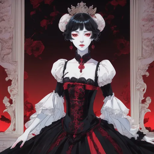 Prompt: the opening scene of anime's 'queen of the ghoul', in the style of digital painting and drawing, rococo-inspired, dark black and red, fang lijun, commission for, clamp, vernal color palettes
