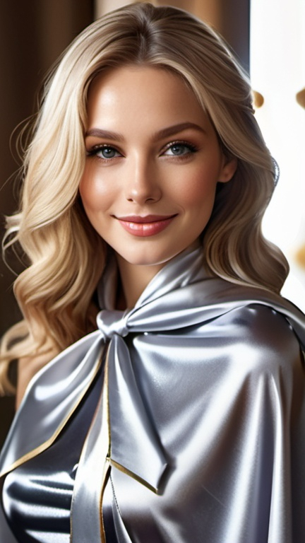 Prompt: (RAW photo, best quality, masterpiece, ultra-detailed, high res), (realistic),(extremely delicate and beautiful:1), mesmerizing portrait of a beautiful woman 
, wearing a silver satin cape tied at the neck with ribbon ties ,  long blonde hair , detailed features, smiling slightly reflecting lights, glimmering lights, expression of feelings, imaginative, highly detailed, extremely high-resolution details, photographic, realism pushed to extreme, fine texture, 4k, ultra-detailed, high quality, high contrast