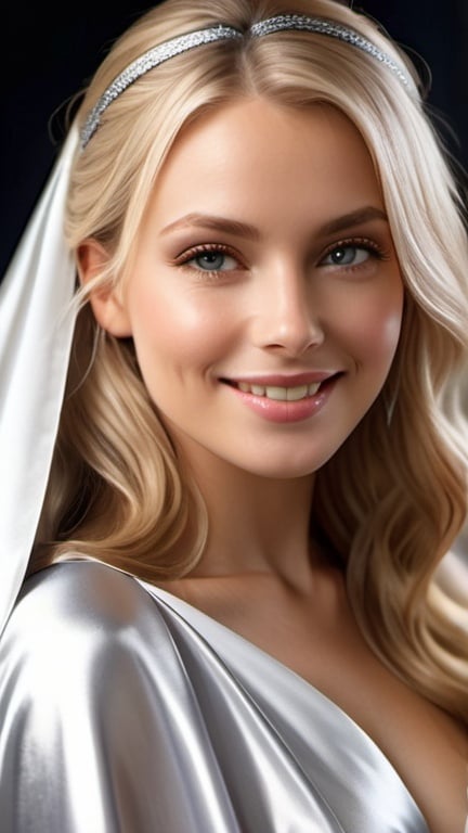 Prompt: (RAW photo, best quality, masterpiece, ultra-detailed, high res), (realistic),(extremely delicate and beautiful:1), mesmerizing portrait of a beautiful woman 
, wearing a silver satin cape tied at the neck with ribbon ties ,  long blonde hair , detailed features, smiling slightly reflecting lights, glimmering lights, expression of feelings, imaginative, highly detailed, extremely high-resolution details, photographic, realism pushed to extreme, fine texture, 4k, ultra-detailed, high quality, high contrast