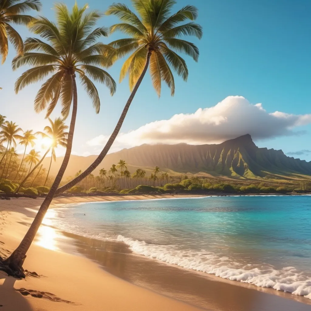 Prompt: (beach view with palm trees and sunshine in Hawaii), vivid colors, golden sunlight, turquoise ocean, clear blue sky, white sandy beach, tropical, serene, photorealistic, warm tones, relaxing atmosphere, background: distant silhouette of volcanic mountains, ultra-detailed, 4K, cinematic appeal, tranquil waves, gently swaying palm trees