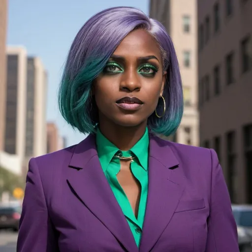 Prompt: Chialla is a tall, imposing woman with dark brown skin, shoulder length straight blue hair and deep green eyes.  She wears a purple business suit and stands admonishing someone she feels has stepped out of line.