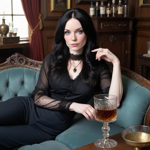 Prompt: Coran is a stately yet drunk woman of fifty with blue eyes, long black hair, and  pale skin.  She wears a  black tunic over a black blouse and black pants.  She lounges on a Victorian era couch in a Victorian era parlor.  In front of her is a coffee table with a large bottle of blue whiskey.  Coran holds a glass of whiskey in her hand.  She is well aware that she is not perfect but she does her job and as far as she's concerned that is good enough for everyone around her.  