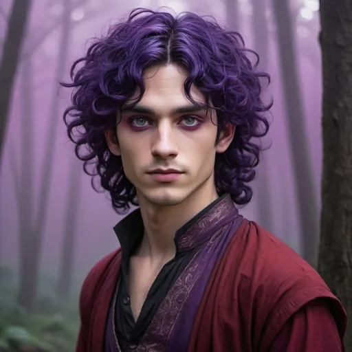 Prompt: Indo has wild, curly, indigo purple hair, pale skin and deep burgundy eyes.  He wears a red tunic over black pants.  He stands in a purple mist, gazing at the ones he left behind and telling them he is always with him.  His eyes hold a powerful joy that reflects on his face.