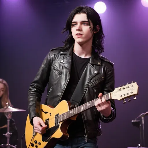 Prompt: Cryss, aged eighteen, is Irish with long black hair down to his waist and blue-green eyes.  He wears a black leather jacket over a purple T shirt and black jeans.  He stands playing guitar and singing onstage with a band consisting of a drummer, a bassist, another guitarist and a keyboardist.  Cryss is singing for the girl he wants to marry...he is older than his years and madly in love with Craela even though she is from another planet.  Cryss has stars in his eyes, thinking of moving to Sephro and marrying Craela.