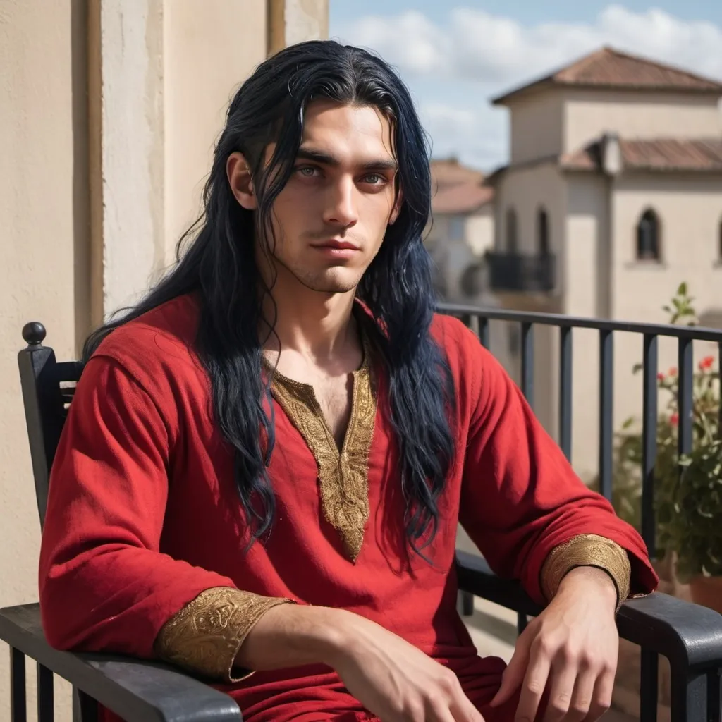 Prompt: Arlaw, aged twenty-five, has long, dark blue  hair, golden-brown skin and silver blue eyes.  He wears a red tunic over black pants.  He sits on an armchair on a balcony thinking about a bad situation he and his family are in, trying to stay calm and hopeful. 