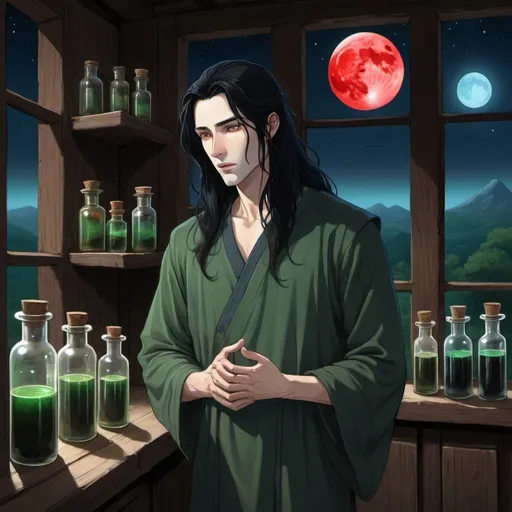 Prompt: Aru  has long black hair, pale skin and eyes as black as the midnight sky.  He wears a long green tunic over black pants.  He is standing in an apothacarium talking about the making of tinctures for the purpose of healing headaches.  A window nearby shows a red moon and a blue moon side by side, both full.
