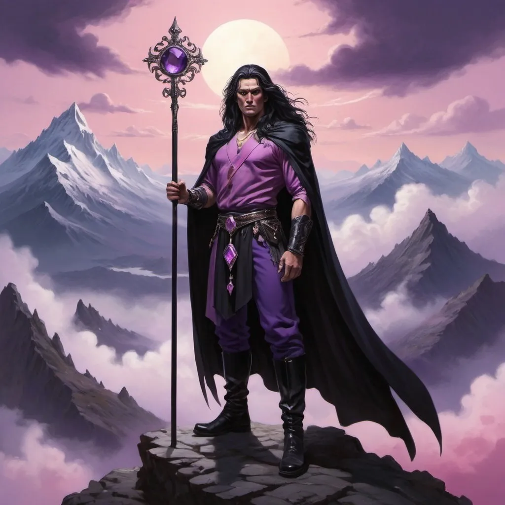 Prompt: Tanna is an imposing, stately man of about fifty five, with long, flowing black hair, pale skin and black eyes.  He stands on top of a mountain wearing a long black cape, black tunic over purple pants and high black boots with purple jewels on it.  He holds a long black staff with a purple gemstone on the top of it.   He is thinking about all the horror in the world and how love has kept him from completely losing his mind.  Over the mountain, the sun hangs like a large chandelier, silver against a purple sky with pink clouds.