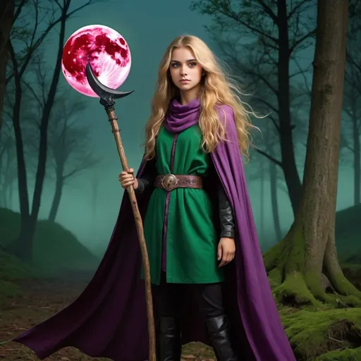Prompt: Craela, aged seventeen, has long, flowing golden hair, tan skin and vibrant purple eyes.  She wears a long green cape over a green tunic and long black pants, with high topped purple boots.  She is standing at the clearing of a wood, ready to fight whatever beasts try to attack her, and holding a large staff with a serrated edge shaped like a crescent moon.  There is a huge, full red moon in the sky, deep crimson red moon.