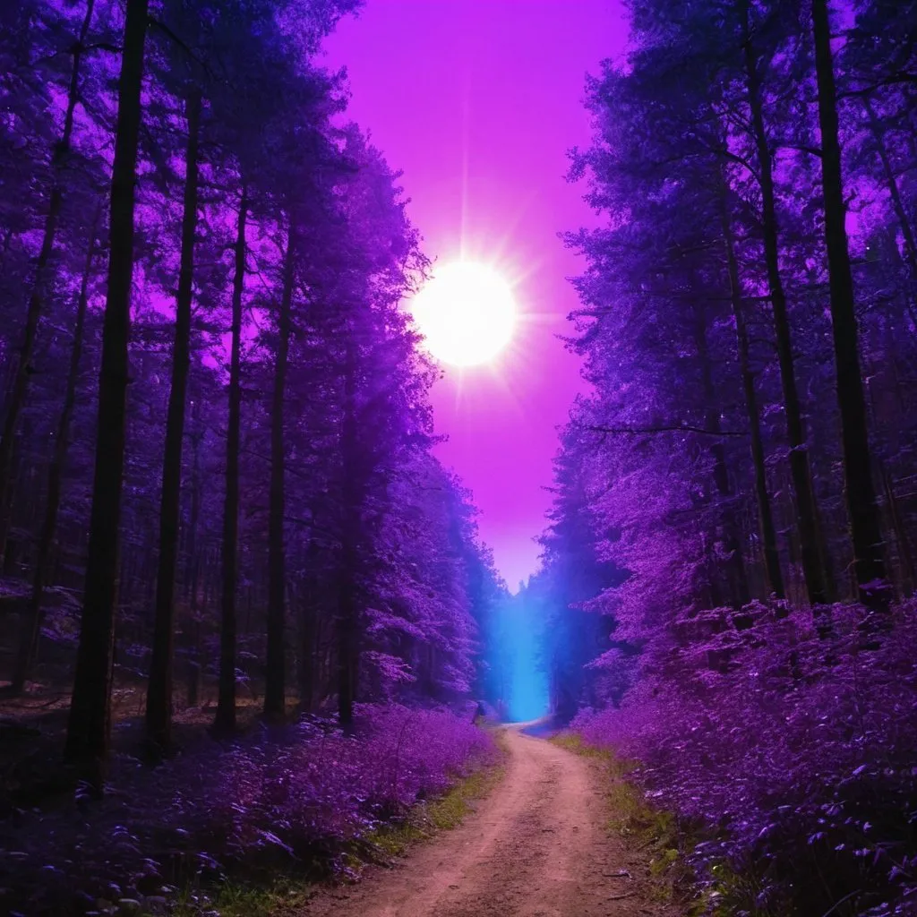 Prompt: In a purple sky, a large purple sun opens out, shining bright.  Purple light shines over a forest trail with blue trees.