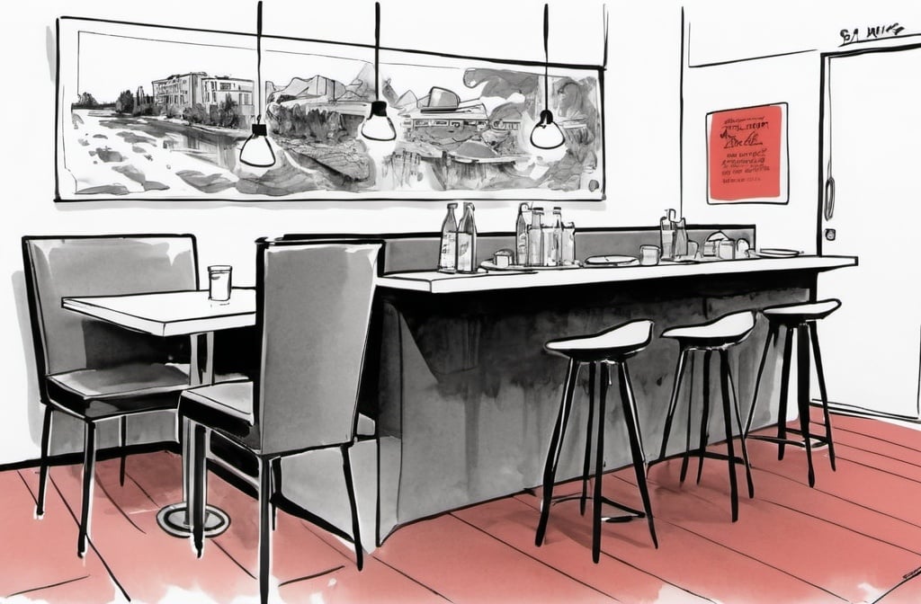 Prompt: restaurant stand by and waiting area, modern european ink painting, graphic novel, a comic book panel in black and white