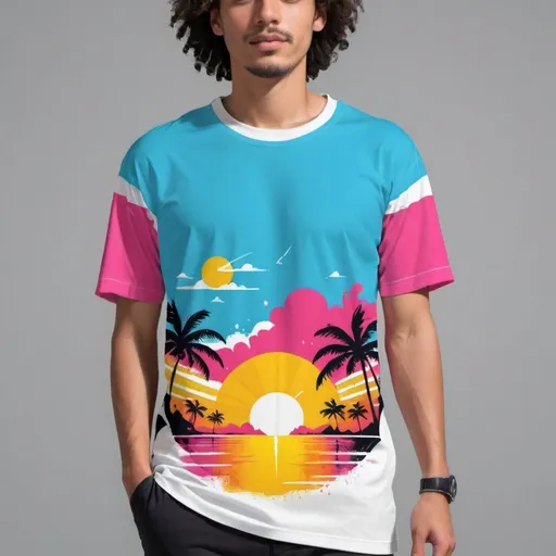 Prompt: streetwear t-shirt designs, summer vibes, vibrant colors, relaxed and trendy atmosphere, cool graphic prints, urban style, soft fabric textures, casual outfits, outdoor setting with sunshine, breathable materials, capturing a youthful and energetic spirit, 4K ultra-detailed, combining elements of fashion and lifestyle, perfect for the summer season.