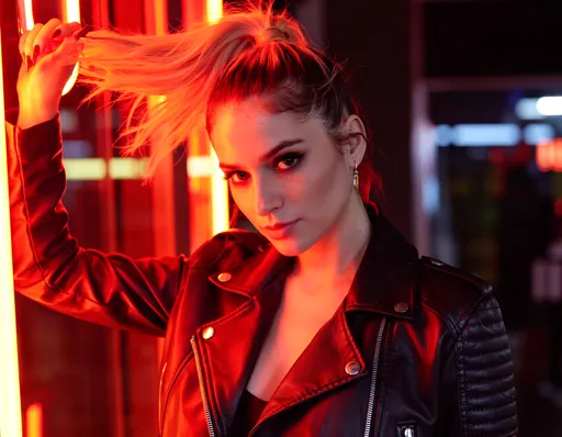 Prompt: confident young woman with sleek orange hair in a high ponytail, striking features, wearing a leather jacket, bold expression,cinematic lighting, professional photography style.
