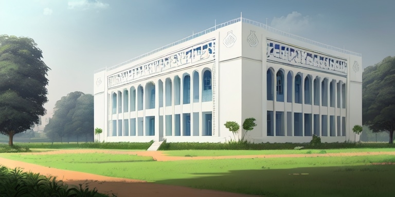 Prompt: a large white building with a blue sign on it's side in a field near trees and a dirt path, Ella Guru, bengal school of art, front view, an illustration of