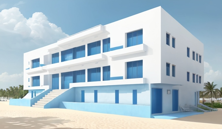 Prompt: a large white building with a blue sign on the front of it and a beach in front of it, Ella Guru, danube school, front view, an illustration of