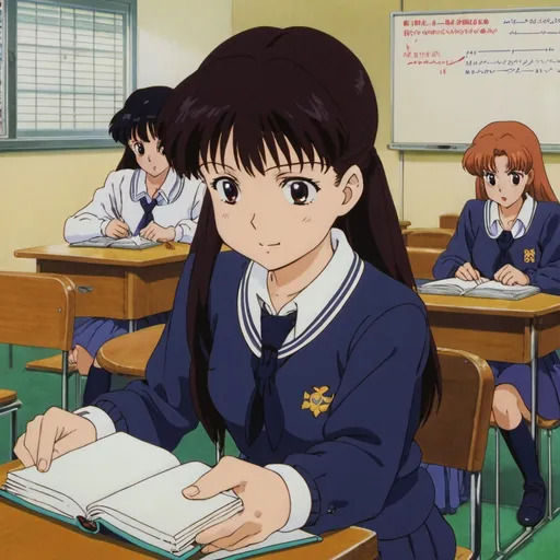 Prompt: 1990s anime screencap, a school girl sitting, anime scene