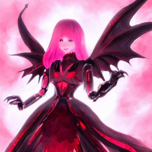 Prompt: "female robotic dragon android, wearing a red and black skirt with a cherry blossom, has a glowing halo, flowing pink hair, caramel skin color, and heavenly glowing white angel wings"