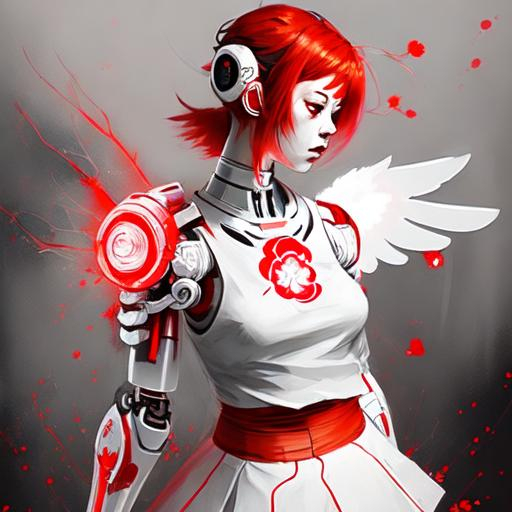 Prompt: white and red Miko skirt with sakura flower, mecha robotic android, female with glowing redhair, lightning, katana, glowing white angel wings, glowing halo
