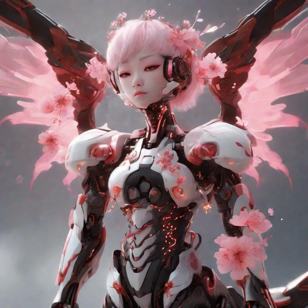 Prompt: "female robotic dragon android, wearing a red and black skirt with a cherry blossom, has a glowing halo, flowing pink hair, caramel skin color, and heavenly glowing white angel wings"