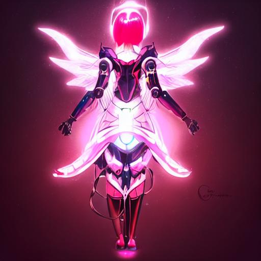 Prompt: "female robotic dragon android, wearing a red and black skirt with a cherry blossom, has a glowing halo, flowing pink hair, caramel skin color, and heavenly glowing white angel wings"