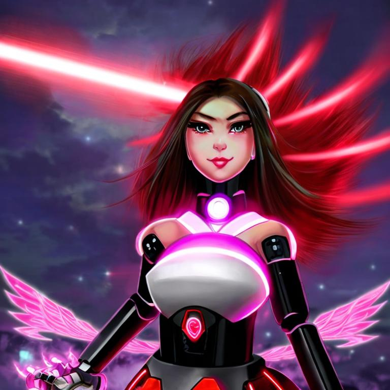 Prompt: "female robotic dragon android, wearing a red and black skirt with a cherry blossom, has a glowing halo, flowing pink hair, caramel skin color, and heavenly glowing white angel wings"