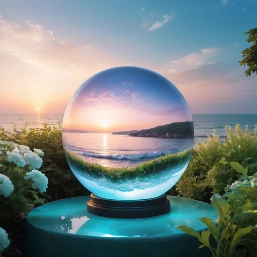 Prompt: glass sphere,k-pop idol,garden,sea wave,glow in the sky