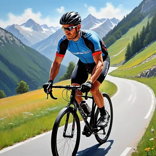Prompt: Alpine road biking, scenic mountain landscape, dynamic biker in action, crisp and vibrant, realistic painting, detailed cycling outfit, intense focus, breathtaking alpine view, high quality, vibrant, realistic painting, detailed cyclist, dynamic, scenic, intense focus, alpine landscape, professional, natural lighting