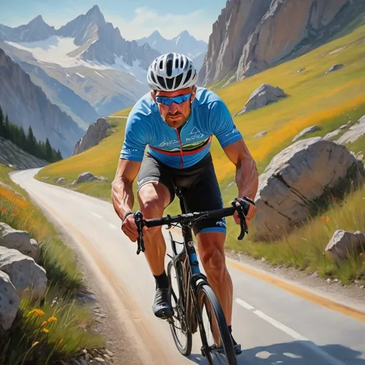 Prompt: Road biker in alpine landscape, realistic oil painting, rugged mountain terrain, colorful cycling jersey, detailed facial features, intense focus, dynamic brushstrokes, vibrant natural lighting, high quality, realism, alpine, mountain landscape, detailed expression, professional painting, vivid colors, atmospheric lighting