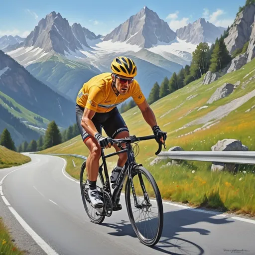 Prompt: Alpine road biking, scenic mountain landscape, dynamic biker in action, crisp and vibrant, realistic painting, detailed cycling outfit, intense focus, breathtaking alpine view, high quality, vibrant, realistic painting, detailed cyclist, dynamic, scenic, intense focus, alpine landscape, professional, natural lighting