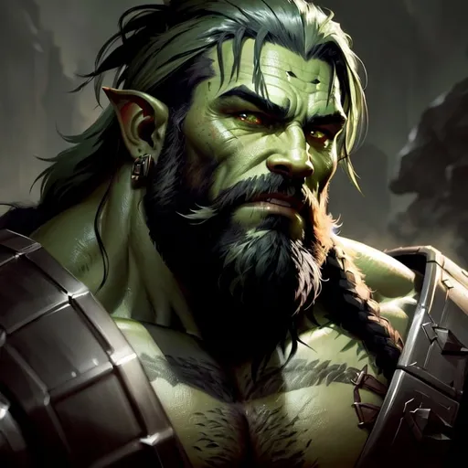 Prompt: Portrait painting of a bearded barbarian half-orc. With grey-green skin tone and elf ears. by Greg Rutkowski and Craig Mullins, Dark atmospheric and cinematic lighting