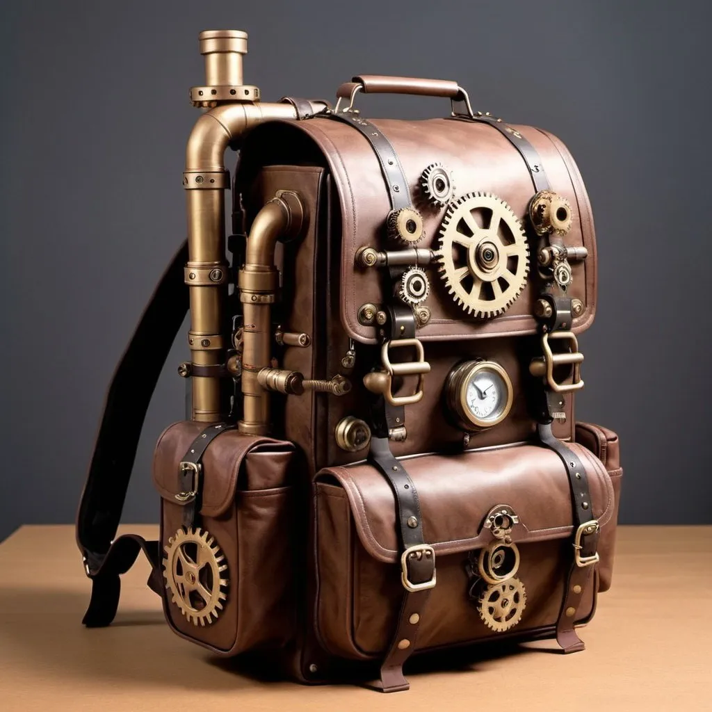 Prompt: A steampunk backpack that dispenses its inventory via a spool of paper tape. adorned with gears and steam pipes. 