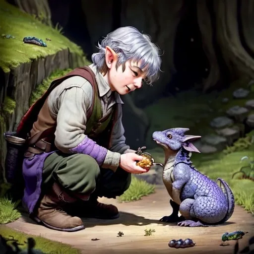 Prompt: The elderly Hobbit farmer, Bilbo Baggins feeds his small newt-like dragon some food. black and purple newt, beardless hobbit, no beard, old halfling, grey hair