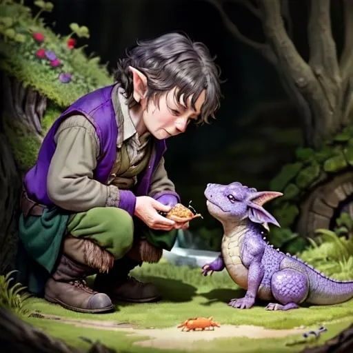 Prompt: The elderly Hobbit farmer, Bilbo Baggins feeds his small newt-like dragon some food. black and purple newt, beardless hobbit, no beard, old halfling