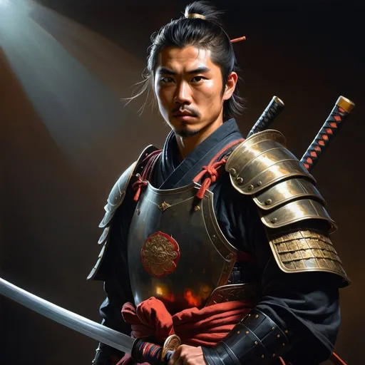 Prompt: Portrait painting of a young Asian ronin samurai in armor, holding a katana and shield 
 by Greg Rutkowski and Craig Mullins, Dark atmospheric and cinematic lighting