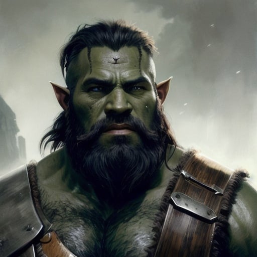 Prompt: Portrait painting of a bearded barbarian half-orc. With grey-green skin tone and elf ears. by Greg Rutkowski and Craig Mullins, Dark atmospheric and cinematic lighting