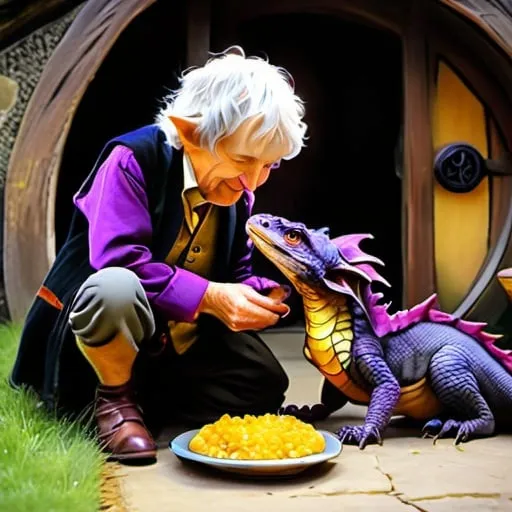 Prompt: The elderly Hobbit farmer, Bilbo Baggins feeds his newt-like dragon some food. black dragon with a purple underbelly, beardless hobbit, no beard, old halfling, grey hair