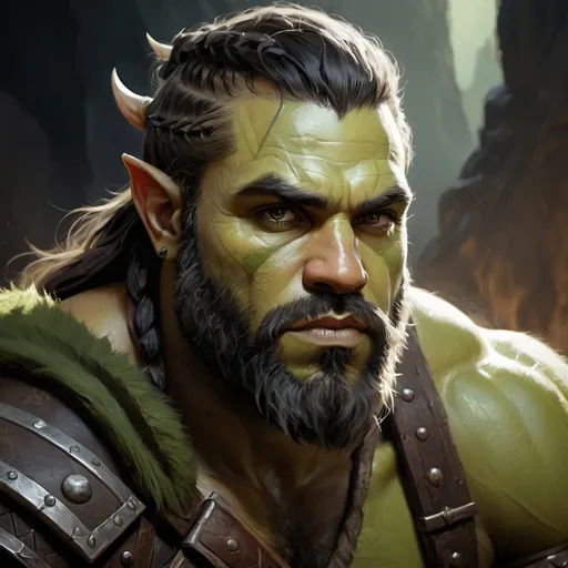 Prompt: Portrait painting of a bearded barbarian half-orc. With grey-green skin tone and elf ears. by Greg Rutkowski and Craig Mullins, Dark atmospheric and cinematic lighting