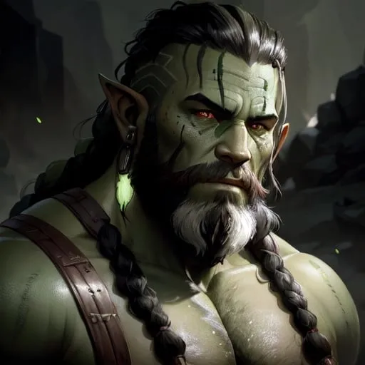 Prompt: Portrait painting of a barbarian half-orc. With grey-green skin tone and elf ears. braided Viking beard. dark hair color. by Greg Rutkowski and Craig Mullins, Dark atmospheric and cinematic lighting