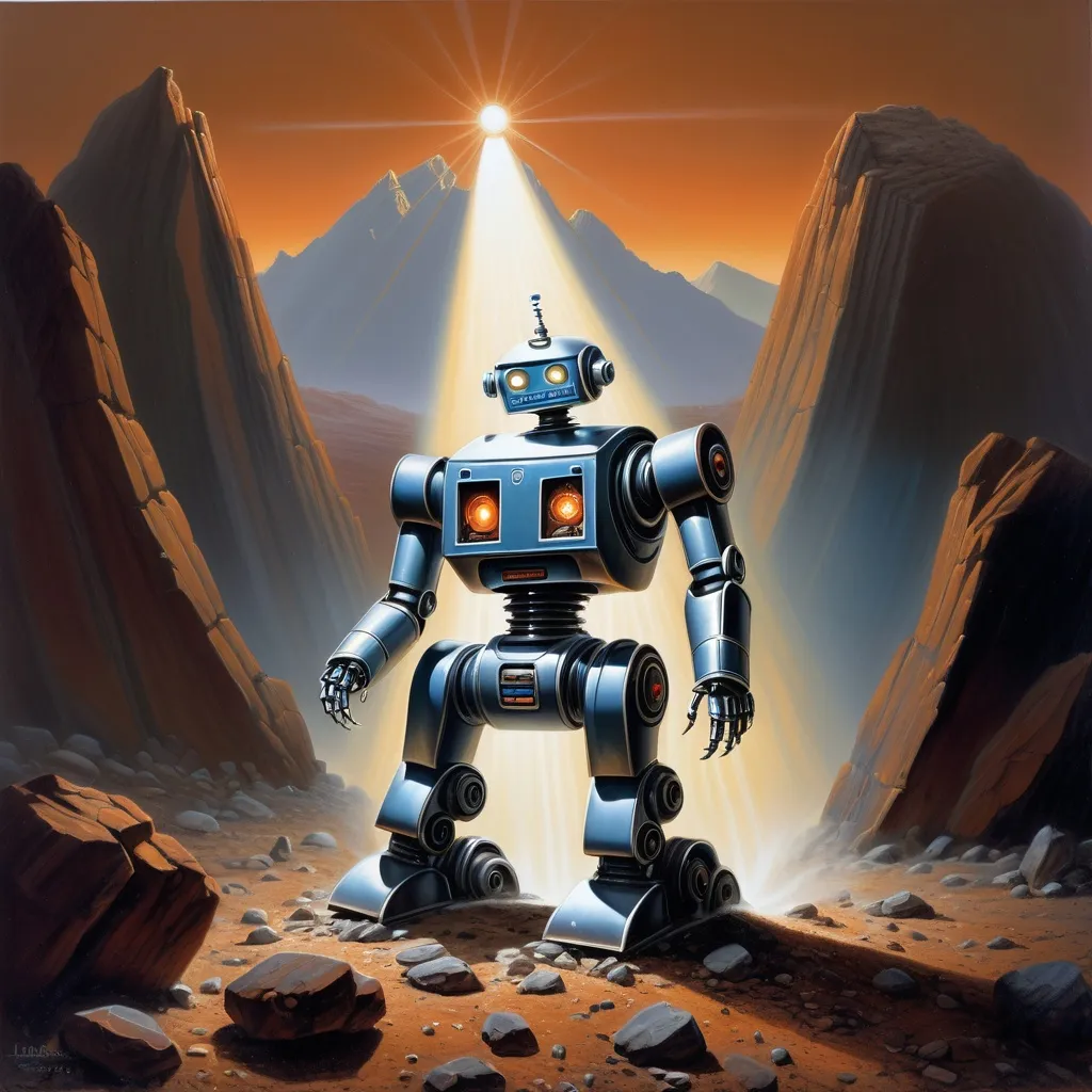 Prompt: a painting of a robot on a rocky surface with a mountain in the background and a light beam coming from the top of it, David A Hardy, space art, mars ravelo and greg rutkowski, an airbrush painting