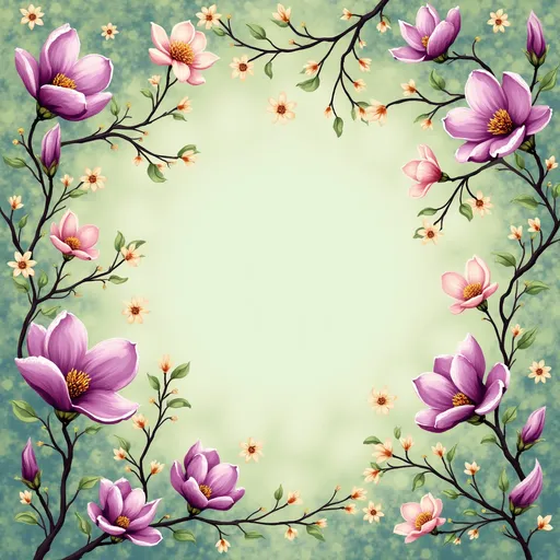 Prompt: A lush tapestry of blooming flowers sprawls across a soft, muted green background, where delicate vines wind gracefully amid a kaleidoscope of colors. Purple magnolias and pink blossoms emerge prominently, blending harmoniously with smaller yellow and white flowers that add bursts of brightness. The intricate arrangement of petals and leaves creates a sense of depth and movement, evoking a serene garden scene that flourishes in springtime. A subtle geometric pattern enhances the overall design, providing a gentle contrast that balances the organic foliage. This vibrant composition radiates tranquility and is filled with the joyful essence of nature’s beauty.