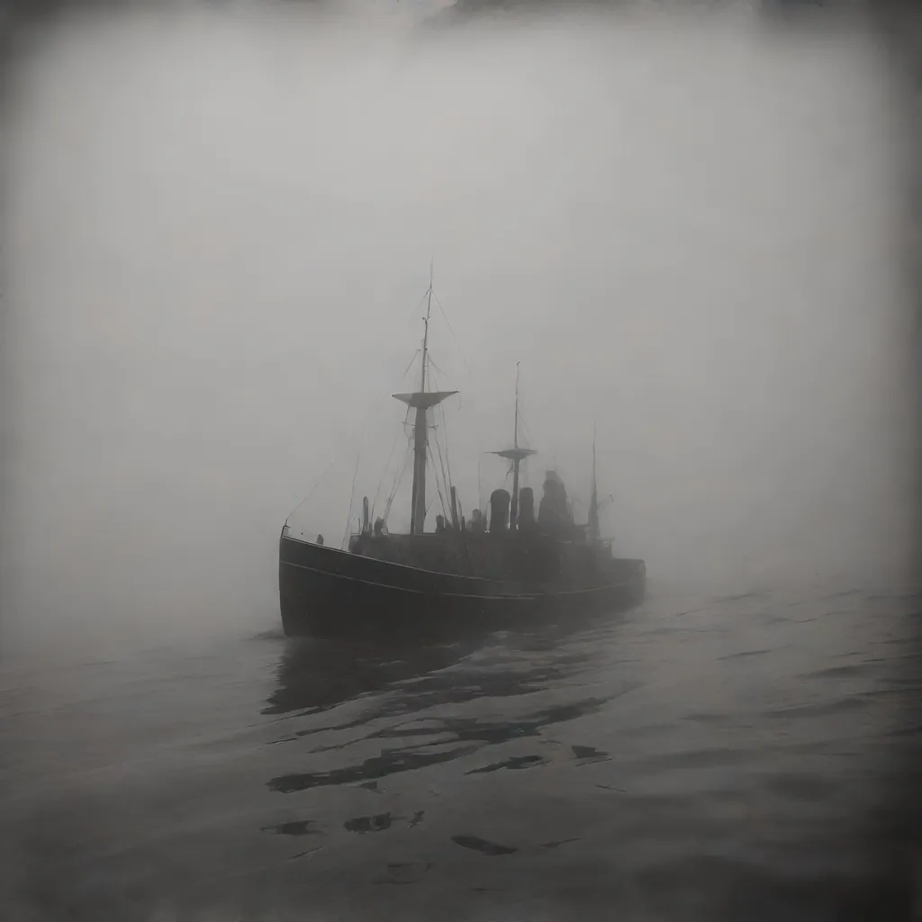 Prompt: Realistic grainy black and white photo from a 1940s arctic expedition Lovecraftian horror mysterious fog